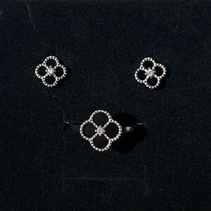 S925 Sterling Silver Clover Earrings Ring or Set Black and Silver Mothers Day